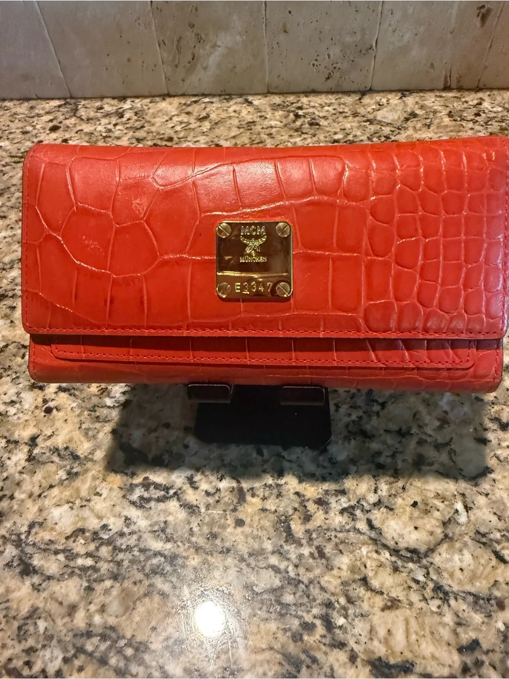 MCM Croc-Embossed Red-Orange Leather Wallet
